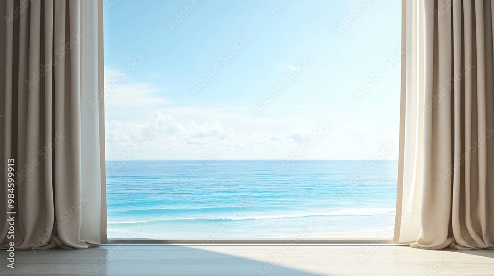 A large window with a beige curtain opened with a light blue ocean view A large window with a beige curtain opened with a light blue ocean view
