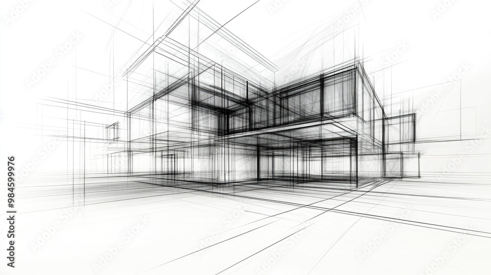 Line art illustration featuring architectural drawing concept with a 3D sketch representation