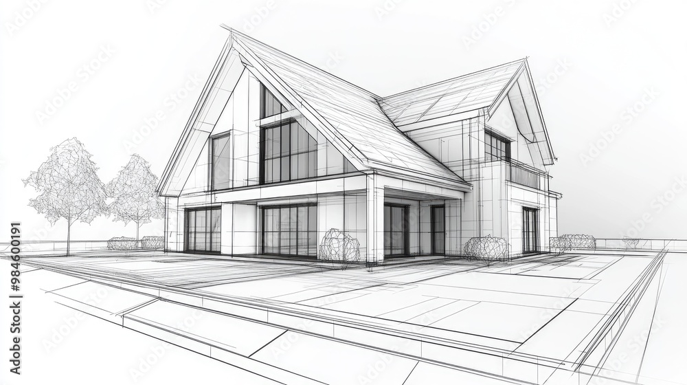 Line art depiction of architectural design for a house in 3D illustration Line art depiction of architectural design for a house in 3D illustration