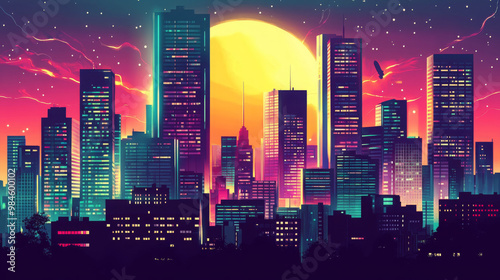 Night modern city with skyscrapers. Pop art retro vector illustration vitch vintage photo