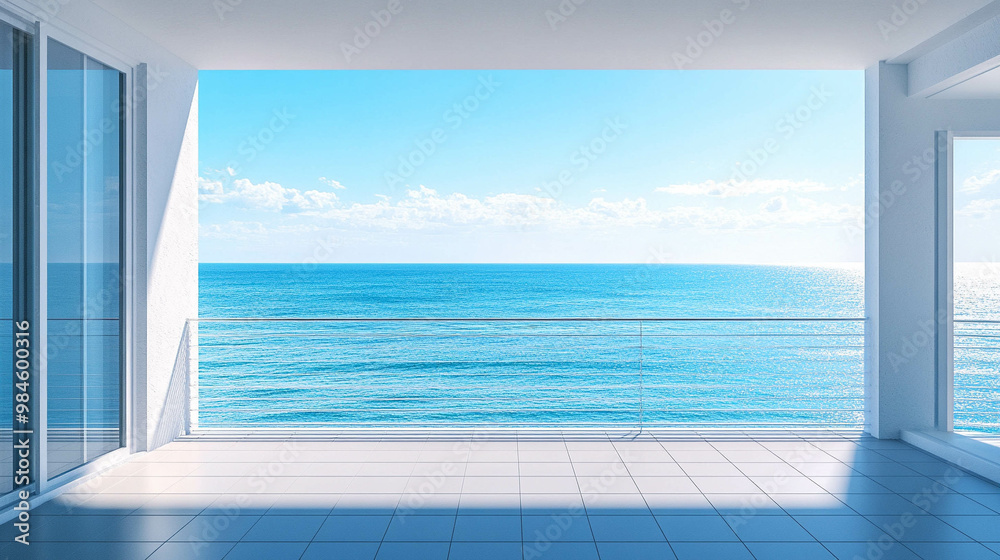 Fototapeta premium An empty balcony with a light blue ocean view 