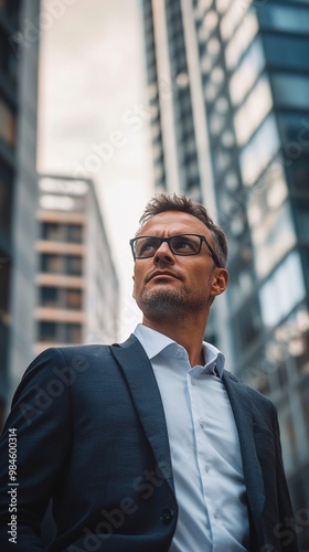 Confident businessman in suit and glasses gazes upward amidst towering skyscrapers, embodying ambition and success in the urban corporate landscape.