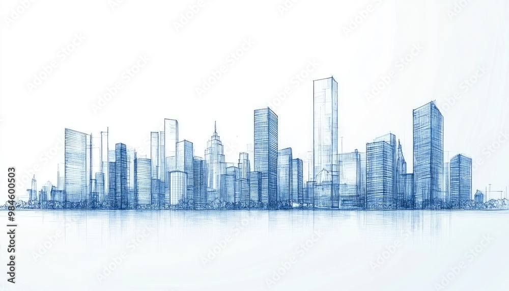 Line art illustration of a skyline featuring blue buildings and ample copy space representing a business travel and tourism concept with modern architecture Suitable for presentations and web use Line art illustration of a skyline featuring blue buildings and ample copy space representing a business travel and tourism concept with modern architecture Suitable for presentations and web use