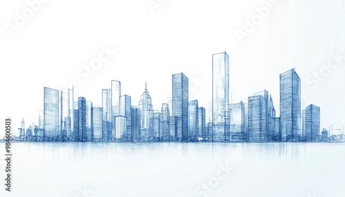 Line art illustration of a skyline featuring blue buildings and ample copy space representing a business travel and tourism concept with modern architecture Suitable for presentations and web use