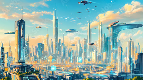 A futuristic city skyline featuring towering glass buildings, flying cars, and advanced technology, illustrating a utopian vision of the future. City Skyline. Illustration photo