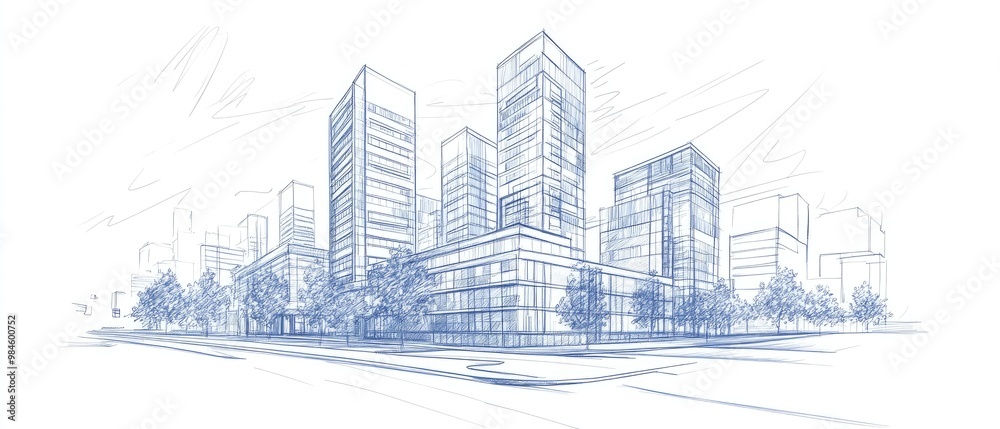 Line art illustration showcasing architectural buildings in a 3D sketch format Line art illustration showcasing architectural buildings in a 3D sketch format