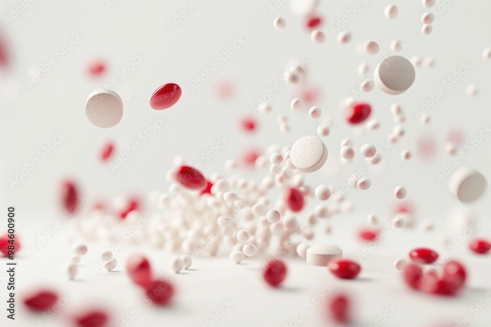 A group of pills are suspended in mid-air, creating a colorful and dynamic scene A group of pills are suspended in mid-air, creating a colorful and dynamic scene