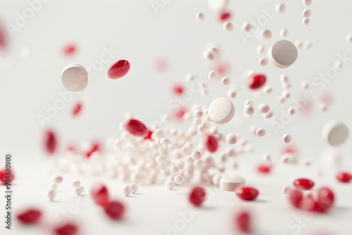 A group of pills are suspended in mid-air, creating a colorful and dynamic scene