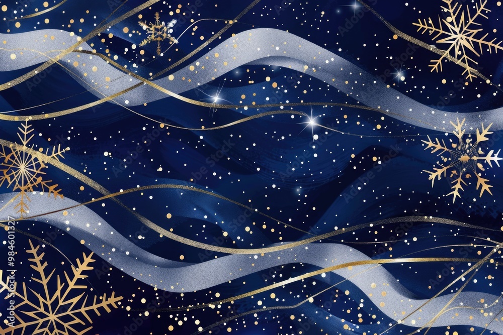 A festive Christmas background featuring blue and gold colors, decorated with snowflakes A festive Christmas background featuring blue and gold colors, decorated with snowflakes