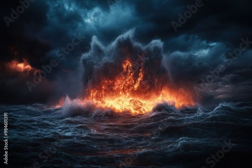 A massive fire explosion erupts over turbulent ocean waves under a dark and stormy sky, capturing nature’s chaotic power and intense energy.