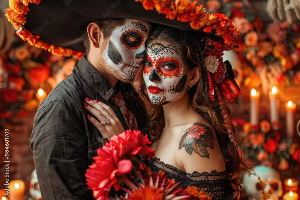 Couple dressed in Day of the Dead makeup, celebrating the holiday
