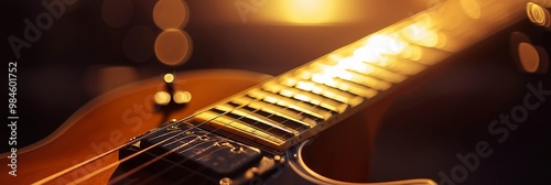 A close-up view of an electric guitar's neck and strings, illuminated by warm, glowing light at sunset.