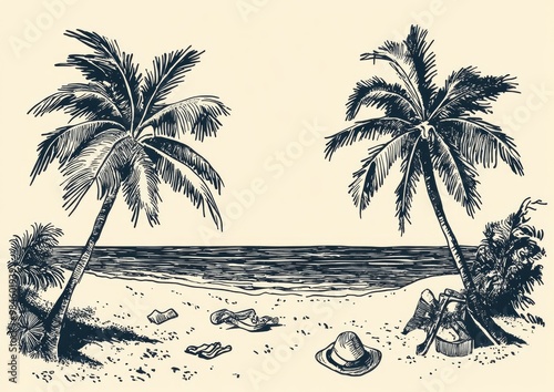 Line art illustration of palm trees on a summer beach featuring clothing items photo