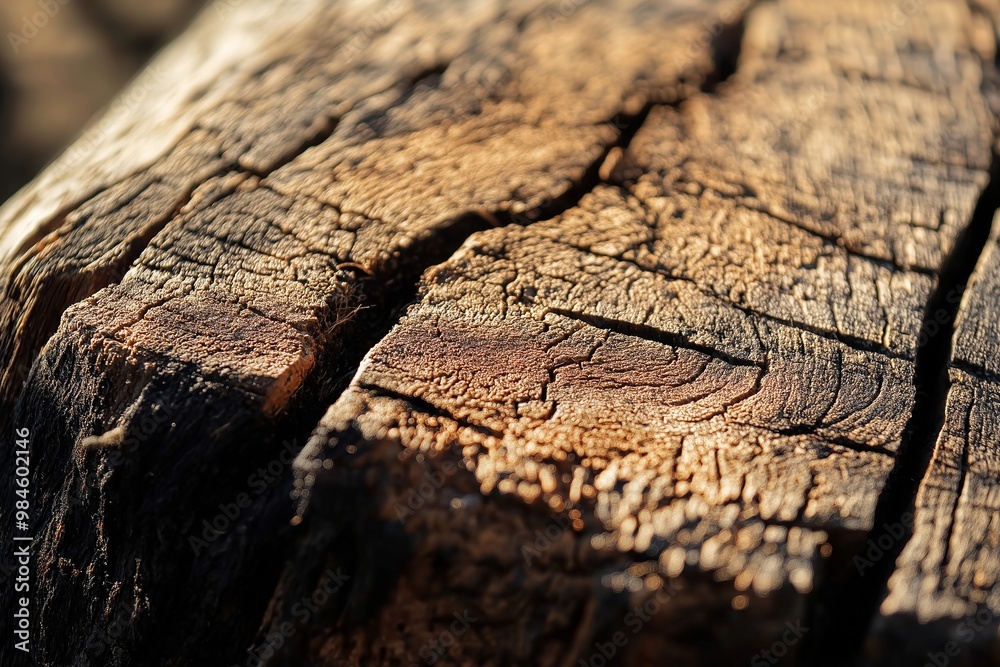 Fototapeta premium A close-up of a rough, textured wooden surface of a tree trunk, showing deep cracks and natural patterns.