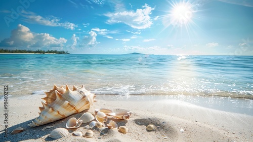 A beautiful beach with clear blue water, white sand and seashells on the shore