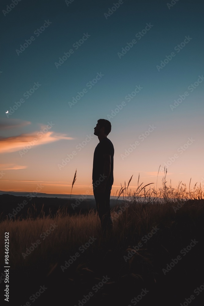 Fototapeta premium A silhouetted person standing in a field at sunset, evoking a sense of peaceful contemplation and tranquility.