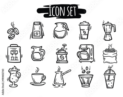 Simple vector black and white set of icons associated with various types of coffee, accessories for preparing hot drinks, latte, cappuccino. Signs and symbols for the design of a cafe, restaurant