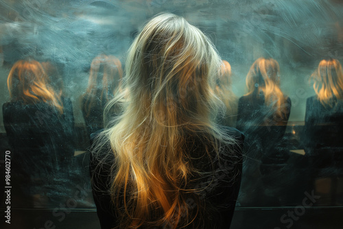 portrait of a person A photograph of many women with long blonde hair and grey eyes sitting behind clear glass, in the style of the kitsch aesthetic. The image features multiple exposures, glimmering 