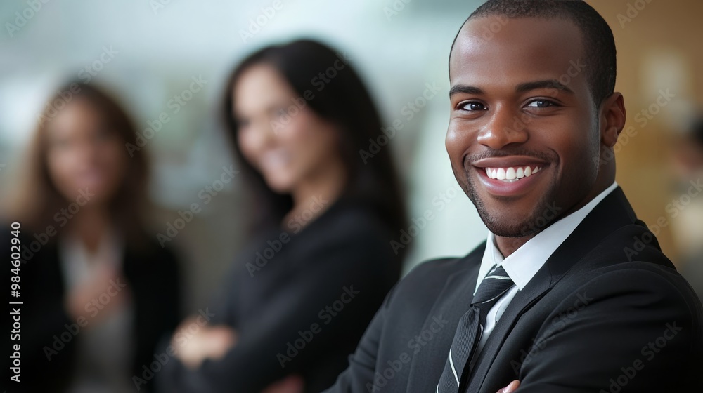 Businessman poses, arms crossed, women talk Businessman poses, arms crossed, women talk