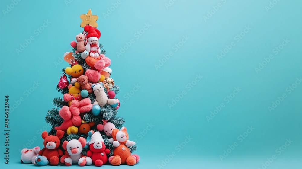 Festive Christmas tree crafted from colorful plush toys and stuffed animals, topped with a golden star, against a vibrant turquoise background. Holiday cheer meets whimsy. Festive Christmas tree crafted from colorful plush toys and stuffed animals, topped with a golden star, against a vibrant turquoise background. Holiday cheer meets whimsy.