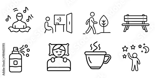 Line art icons depicting relaxation, work, wellness, and daily activities