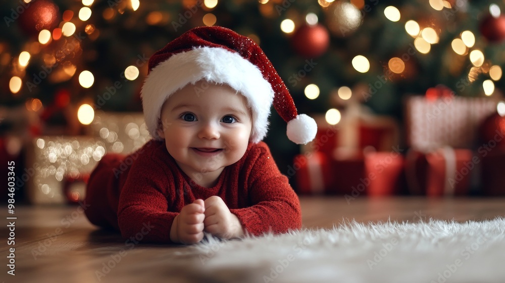 Smiling baby in a Santa hat and red outfit, lying near a beautifully decorated Christmas tree with lights. Smiling baby in a Santa hat and red outfit, lying near a beautifully decorated Christmas tree with lights.