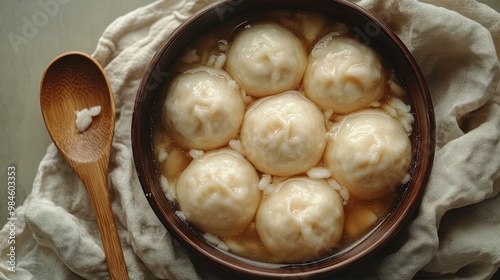 Bowl of dumplings in broth with wooden spoon. photo