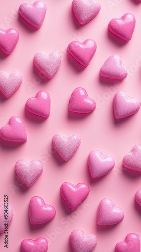 Scattered pink heart-shaped candies on a soft pink background create a sweet and romantic pattern, perfect for Valentine's Day or love-themed designs.