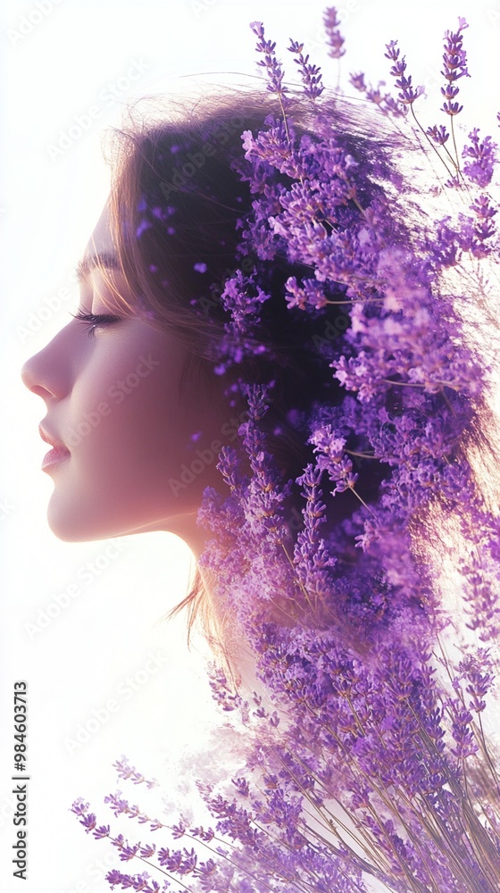 Ethereal profile portrait blending feminine beauty with delicate lavender blooms, evoking serenity and natural harmony in a dreamy, purple-hued composition. Ethereal profile portrait blending feminine beauty with delicate lavender blooms, evoking serenity and natural harmony in a dreamy, purple-hued composition.
