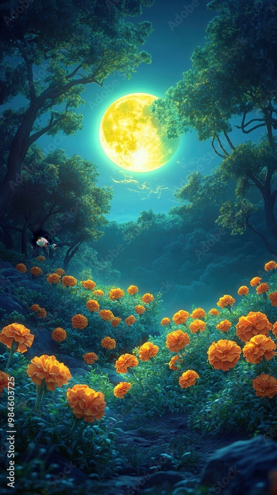 Naklejka premium A serene night landscape featuring vibrant flowers under a glowing full moon, perfect for evoking tranquility and nature's beauty.