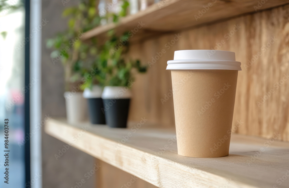 Mock up empty paper coffee cup on minimalism cafe shelf