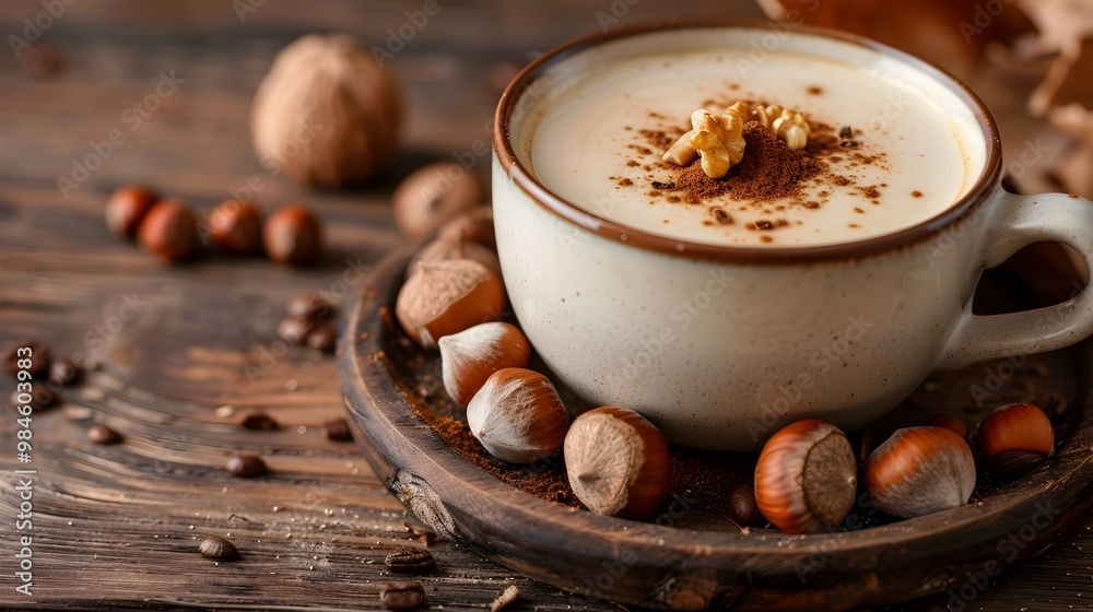 Creamy Hazelnut Latte in Ceramic Cup with Whole Nuts Decor Coffee Drink Concept Creamy Hazelnut Latte in Ceramic Cup with Whole Nuts Decor Coffee Drink Concept