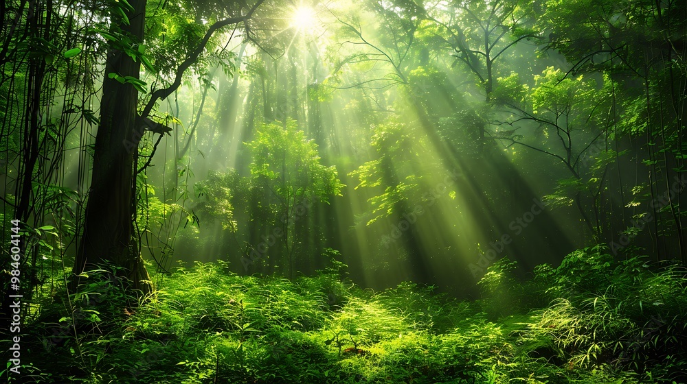 Fototapeta premium Green leaves in the forest with sunlight in the morning