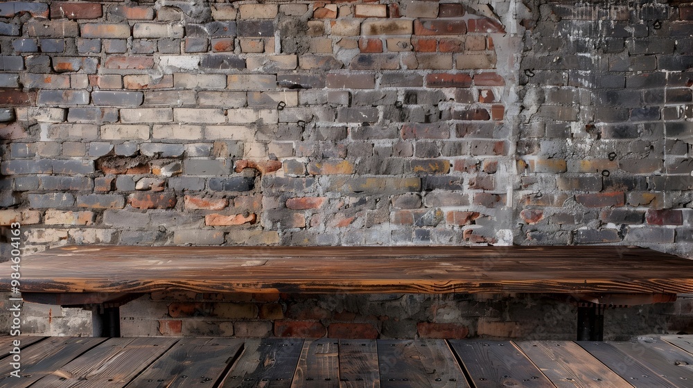 Rustic Wooden Table Against Weathered Brick Wall for Artisanal Goods Display and Product Presentation Rustic Wooden Table Against Weathered Brick Wall for Artisanal Goods Display and Product Presentation