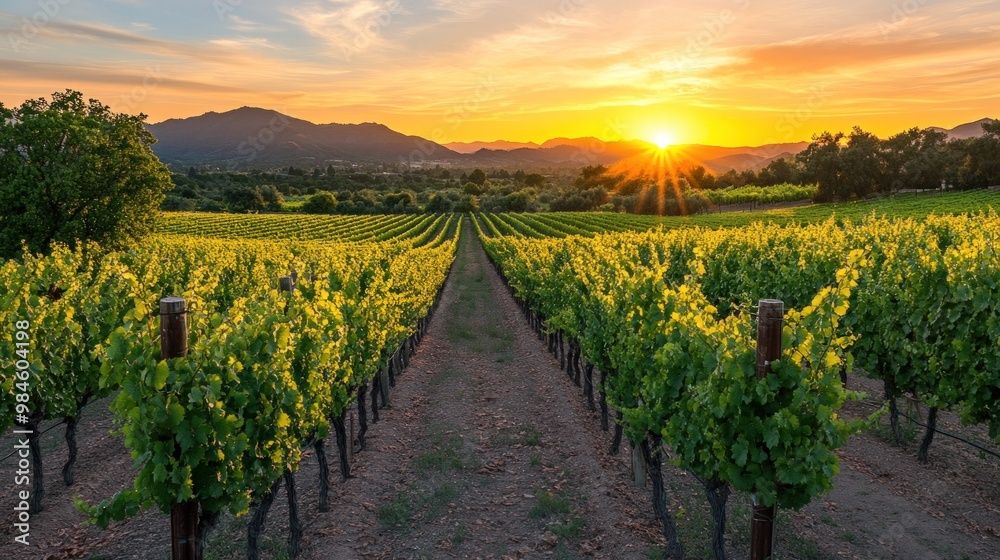 Sunset over vineyard rows with mountains in the background. Sunset over vineyard rows with mountains in the background.
