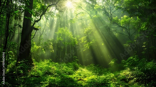 Green leaves in the forest with sunlight in the morning