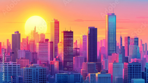 Sunset or sunrise Modern city skyscrapers panorama of tall buildings, urban background. Pop art retro vector illustration comic caricature 50s 60s style vintage kitsch