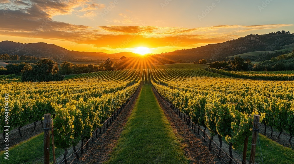 Fototapeta premium A vibrant sunset over rolling hills, casting golden light on rows of grapevines in a picturesque vineyard.