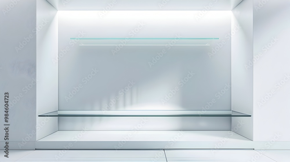 Minimalist Floating Glass Shelf in Futuristic All White Room for Sleek Tech Product Presentation Minimalist Floating Glass Shelf in Futuristic All White Room for Sleek Tech Product Presentation