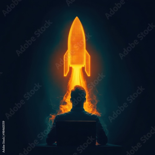 A silhouette of a person sits before a glowing rocket, symbolizing ambition, innovation, and the drive to explore the future. photo