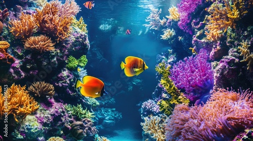 A vibrant underwater scene inside an aquarium, showcasing colorful tropical fish swimming among coral reefs and plants.