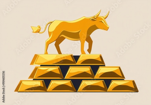 A stylized golden bull stands atop stacked gold bars, symbolizing wealth, strength, and prosperity. photo