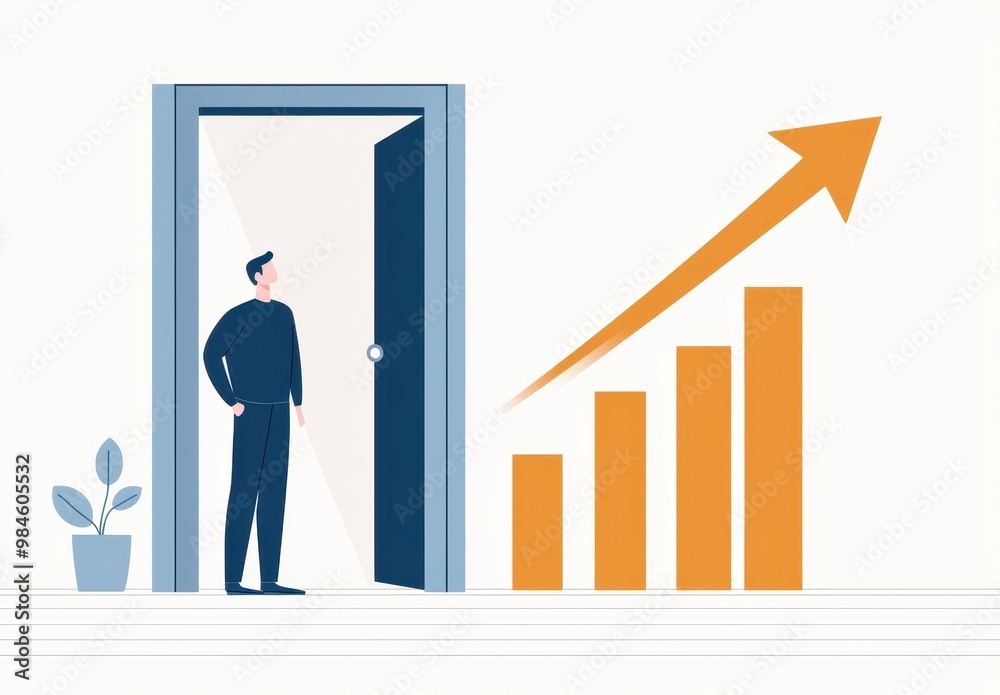 A person stands at an open door, observing a rising graph, symbolizing growth, opportunities, and progress. A person stands at an open door, observing a rising graph, symbolizing growth, opportunities, and progress.