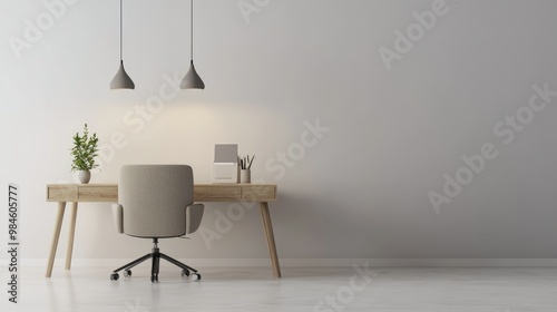 Simple and elegant 3D office space with a plush chair, wooden desk, and warm lighting, on a clean white background for a clear view