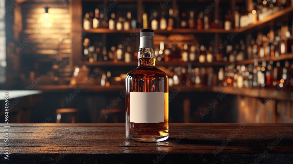 A bottle of liquor on a wooden counter in a dimly lit bar, with shelves of liquor bottles in the background. A bottle of liquor on a wooden counter in a dimly lit bar, with shelves of liquor bottles in the background.