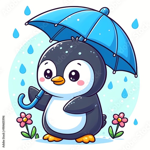 Cute Penguin Holding Umbrella Cartoon Vector Icon Illustration