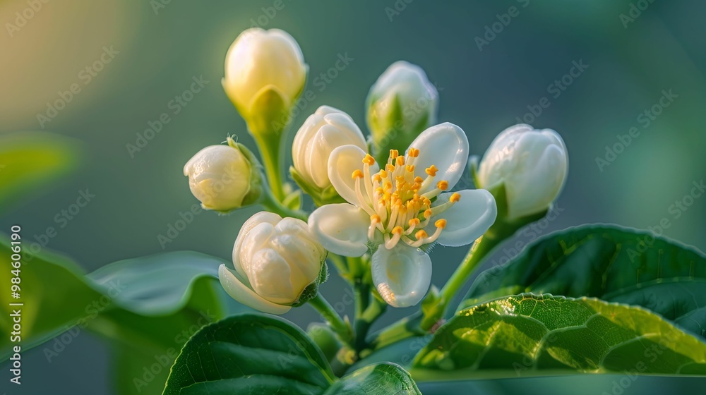 Delicate White Flowers with Yellow Stamens on a Green Branch Delicate White Flowers with Yellow Stamens on a Green Branch