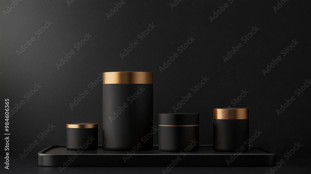 A sleek, high-end display with matte black forms and metallic gold details, perfect for luxury branding and product presentation. A sleek, high-end display with matte black forms and metallic gold details, perfect for luxury branding and product presentation.