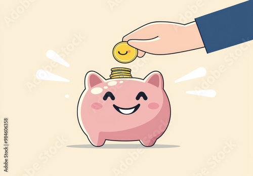 A cheerful piggy bank receives a coin, symbolizing saving and financial positivity. photo