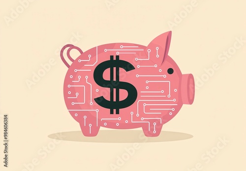 A digital piggy bank symbolizing modern finance with circuit patterns and a dollar sign, representing savings and technology. photo